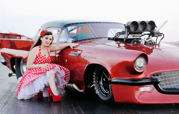 Look, girl, red, style, makeup, dress, sports car