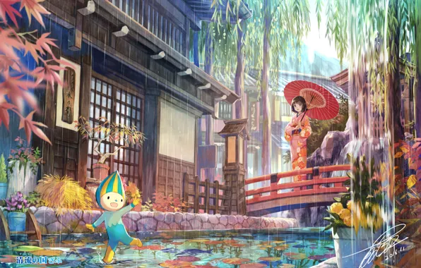 Girl, house, pond, rain, umbrella, man, the bridge, traditional clothing