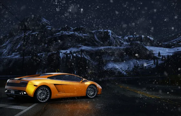 Mountains, night, Lamborghini, Gallardo, NFS, snowfall, snow, NeedForSpeed