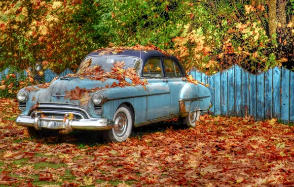 Picture autumn, trees, retro, foliage, the fence, HDR, car, «Oldsmobile»