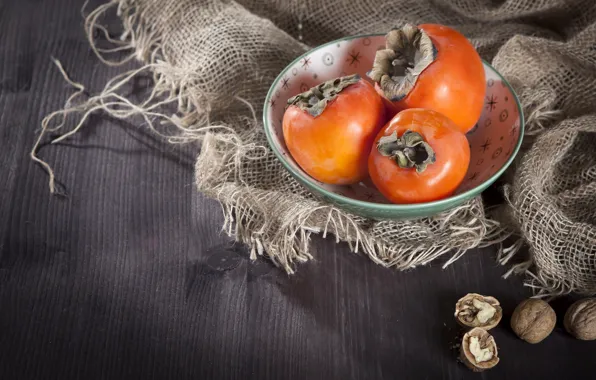 Burlap, bowl, persimmon