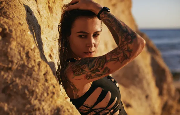 Sea, swimsuit, the sun, pose, stones, model, makeup, tattoo
