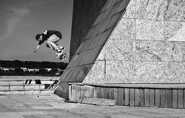 Picture jump, black and white, square, skateboarding, skateboard, extreme sports