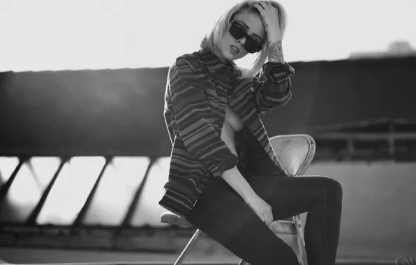 Girl, woman, model, chair, tattoo, black and white, blonde, tattoos