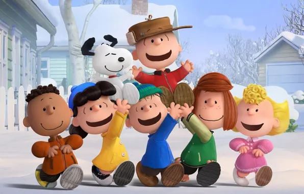 Puppy, girls, hat, dog, snow, tree, cartoon, fence