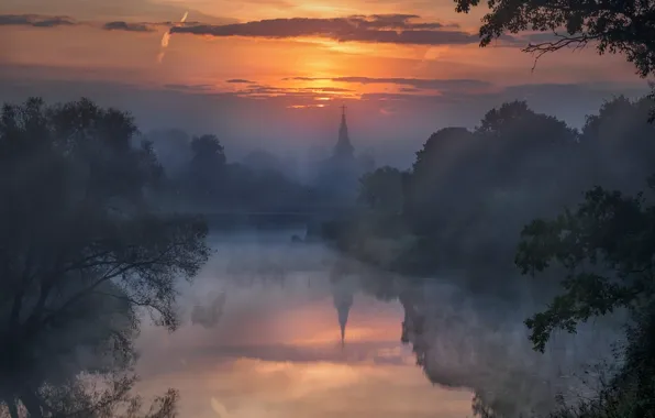 Summer, trees, landscape, nature, the city, fog, reflection, river