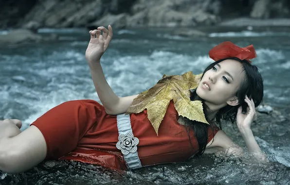 Leaves, water, girl, Asian