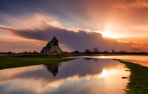 The sky, clouds, sunset, river, Church, chapel, spill