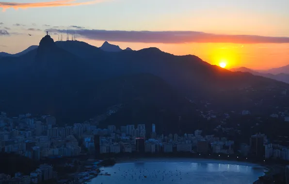 The sky, sunset, lights, mountain, the evening, Bay, harbour, Brazil