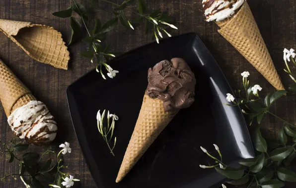 Flowers, the dark background, plate, ice cream, placer, dessert, horns, delicious