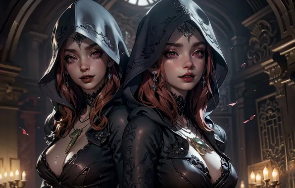 Girls, two, hoods