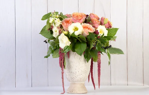 Roses, bouquet, vase, eustoma