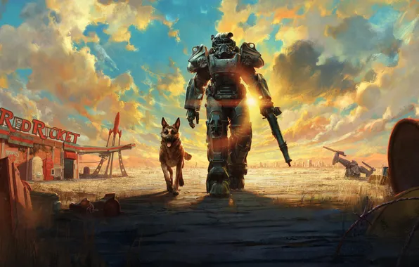 Picture city, gun, sky, desert, weapon, cloud, dog, sand