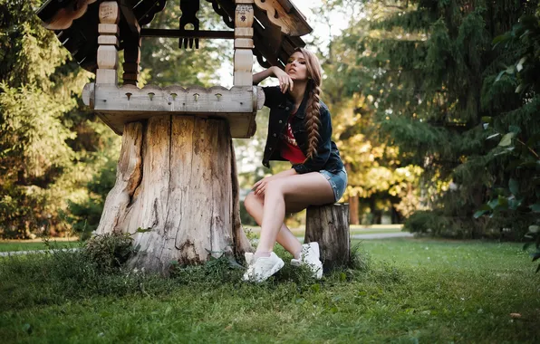 Picture girl, grass, legs, trees, park, model, garden, women