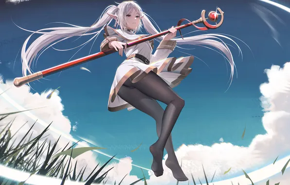 Girl, nature, elf, fantasy, staff, Sousou no Frieren, Freeze