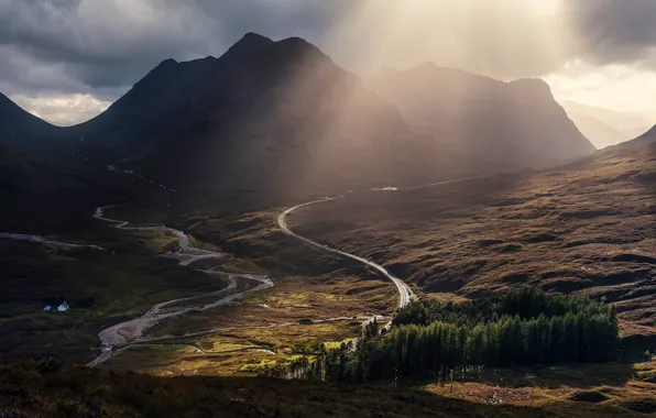 Road, the sun, clouds, rays, trees, mountains, valley, house