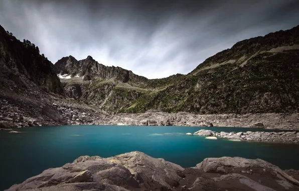 Clouds, lake, stones, rocks, Mountains, The Pyrenees
