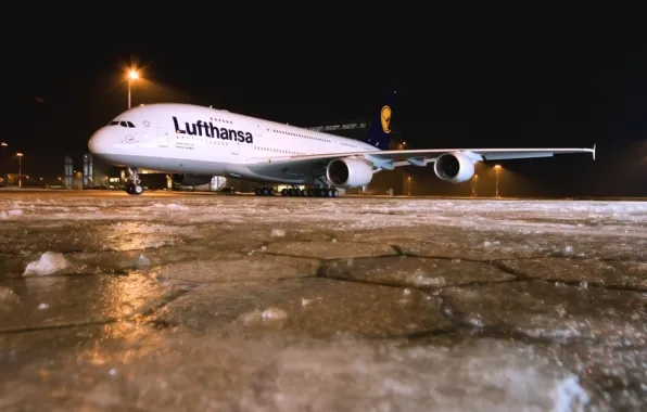Winter, Night, The plane, Ice, Airport, A380, Lufthansa, Airbus