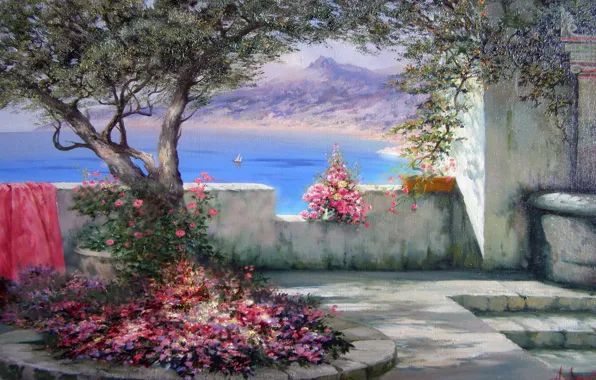 Picture sea, nature, the city, sailboat, picture, Crimea, flowers., Gurzuf