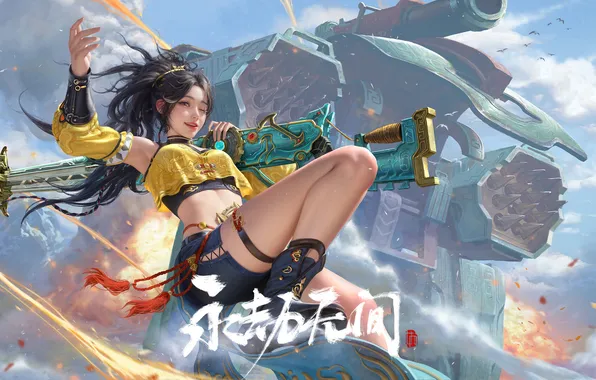 Picture long hair, ponytail, women, asian, girls with guns, bent legs, looking at viewer, one arm …