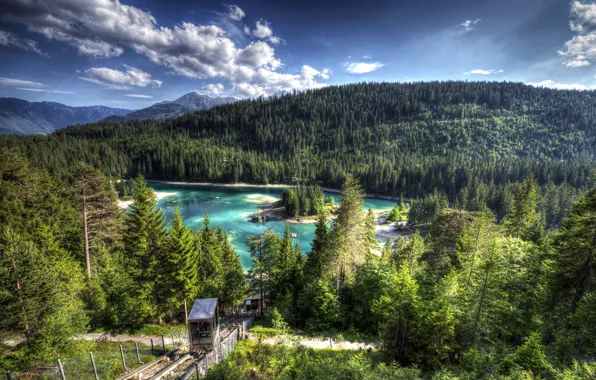 Forest, clouds, trees, mountains, lake, Switzerland, slope, hdr