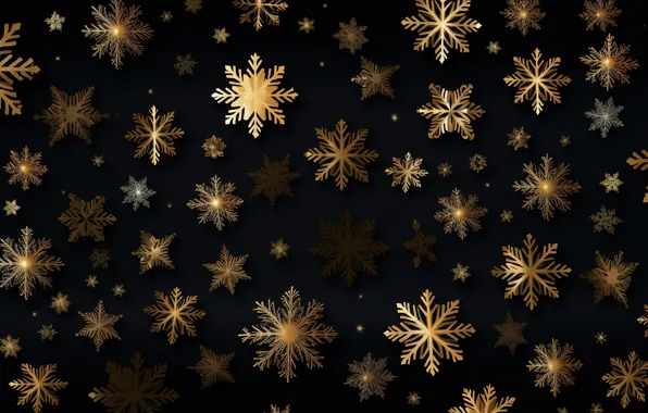 Snowflakes, background, gold, black, New Year, Christmas, golden, Christmas