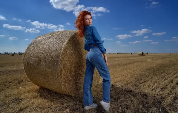 Field, look, girl, pose, jeans, hay, red, shirt