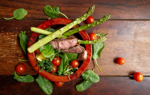 Picture meat, appetizer, asparagus, spinach, tomatoes