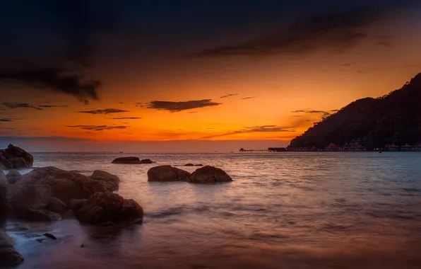 Picture beach, rocks, dawn, mountain, Malaysia, Hangzhou, Andaman Sea