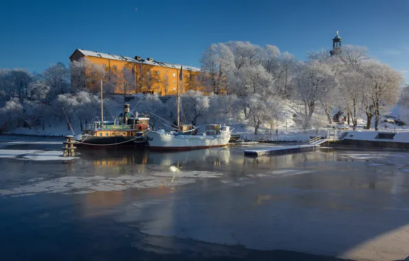 Winter, water, snow, house, ship