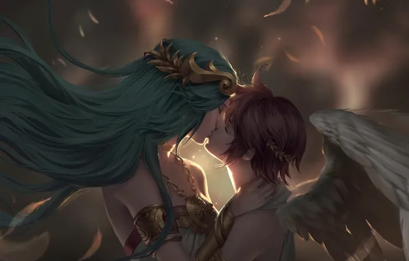 Wings, kiss, angel, fantasy, art, pair, Pit, Chuby Mi