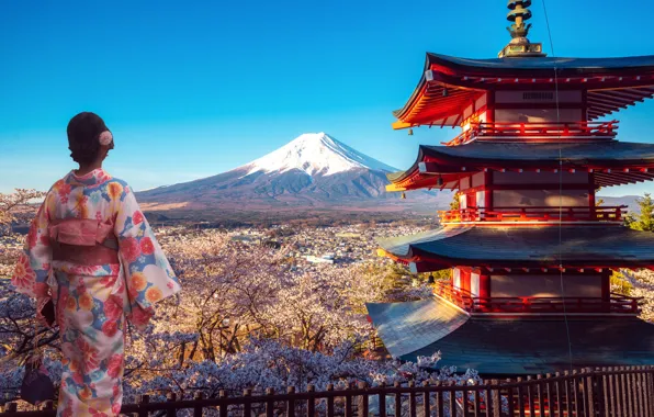 Picture trees, landscape, nature, woman, Japanese, mountain, spring, Japan