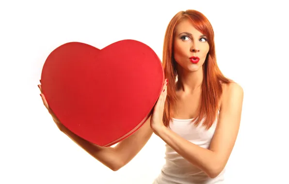 Picture girl, pose, red, heart, makeup, Mike, hairstyle, white background