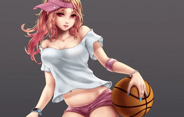 Picture girl, shorts, basketball, pink hair, athlete, white t-shirt, grey background, red eyes