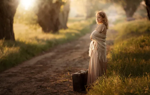 Road, girl, suitcase