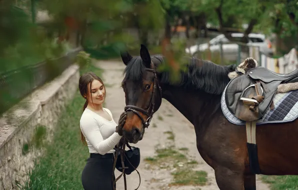 Girl, smile, Park, horse, sweetheart, kindness, horse, the fence