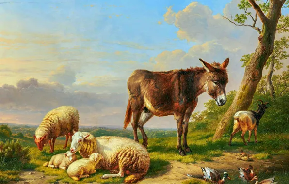 Download wallpaper Tree, Sheep, Picture, Donkey, Eugene Joseph ...