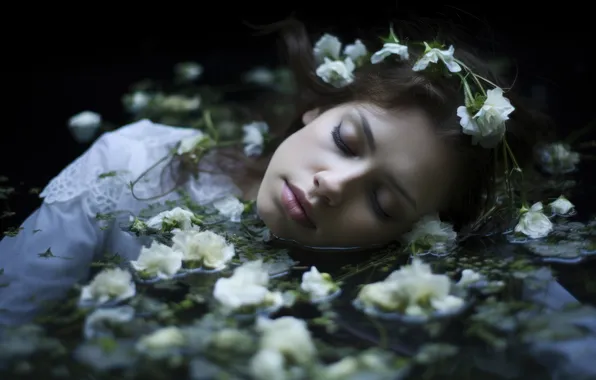 Water, girl, flowers, face, the dark background, portrait, petals, lies