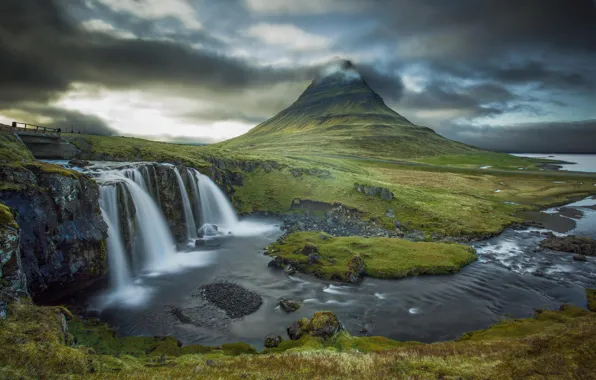 Clouds, river, mountain, waterfall, the volcano, Iceland, Kirkjufell