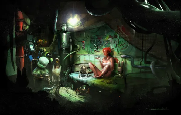 Girl, room, toys, bed, robots