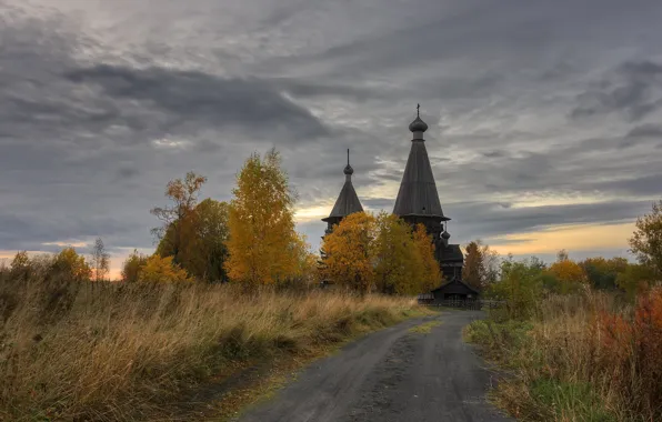 Picture autumn, the evening, village, Church, Leningrad oblast, Gimreka