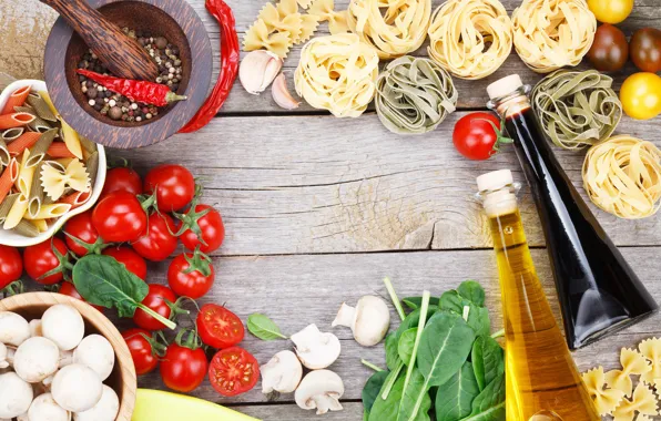 Mushrooms, oil, pepper, vegetables, tomatoes, pasta
