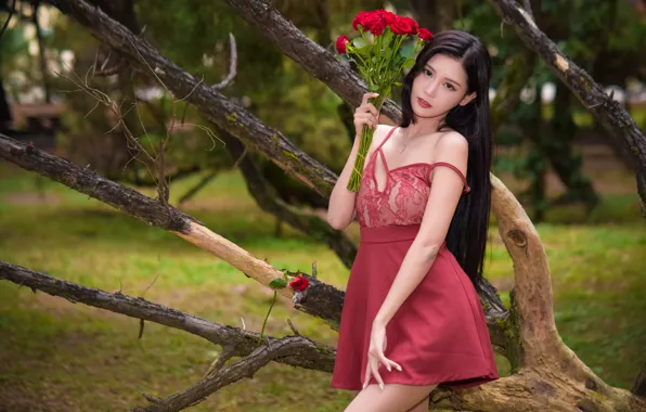 Picture trees, flowers, Park, model, portrait, roses, bouquet, makeup