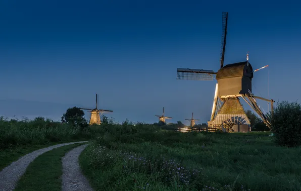 Road, the sky, the evening, Netherlands, windmill