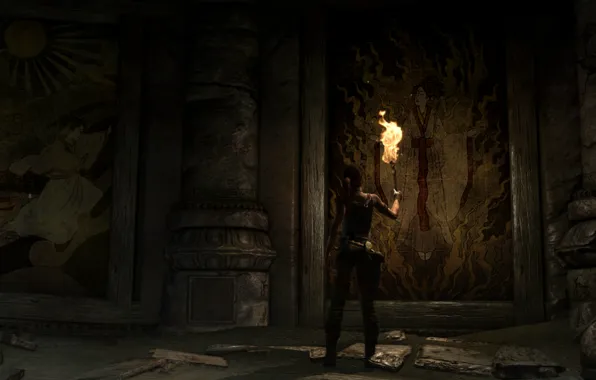 Torch, Tomb Raider, ruins, Lara Croft, murals, Damn place