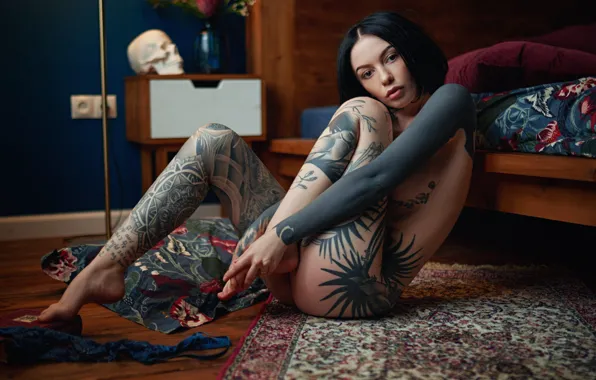 Look, girl, pose, feet, brunette, tattoo, Mat, on the floor
