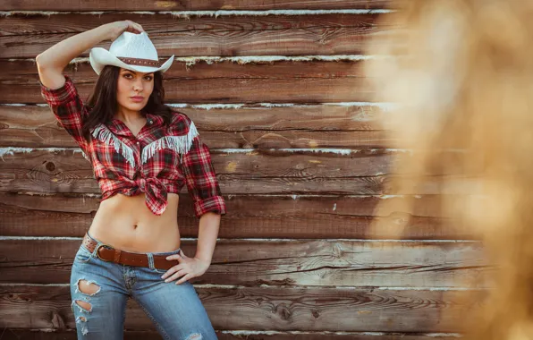 Sexy, pose, wall, Board, jeans, hat, makeup, figure