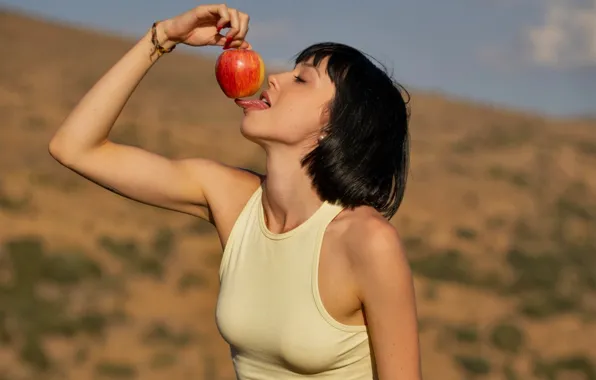 Apple, woman, young, short hair, model, hair, brunette, pose