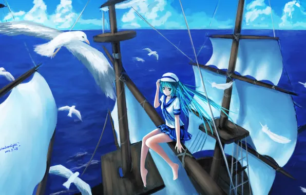 The sky, girl, clouds, the ocean, ship, height, seagulls, anime