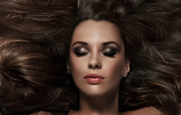 Girl, makeup, brown hair, shoulders, peace
